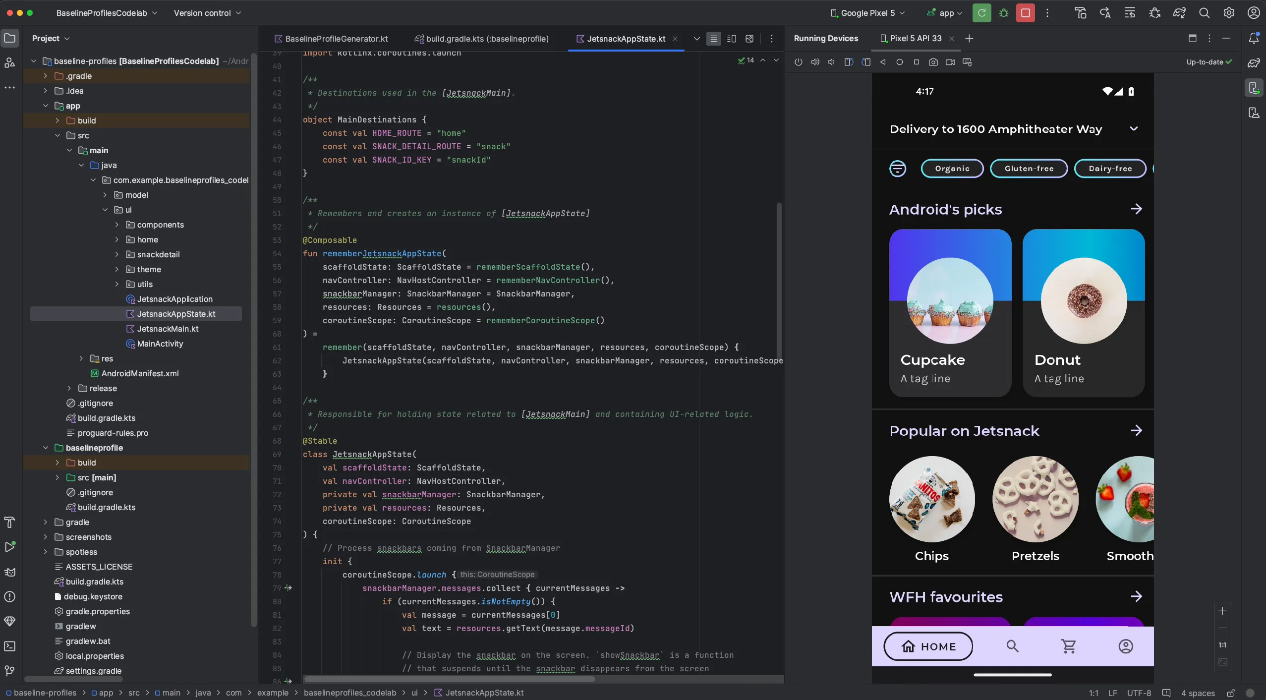 Android Studio hiển thị source code và một thiết bị Android trong Running Devices