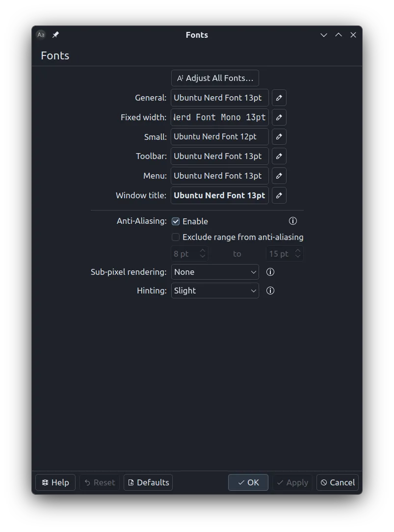 KDE font settings with Ubuntu Nerd Font for the interface and JetBrainsMono Nerd Font Mono for monospace
