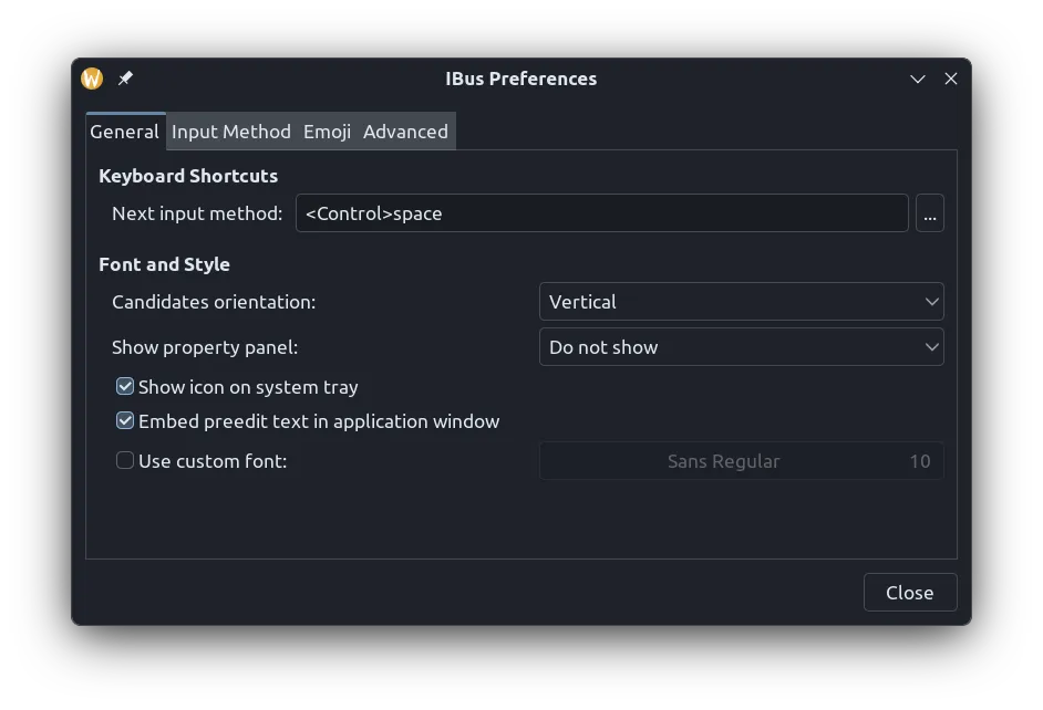 IBus Preferences with Control+Space set as the switch shortcut