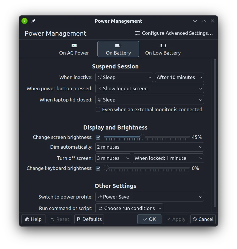 KDE battery power profile settings