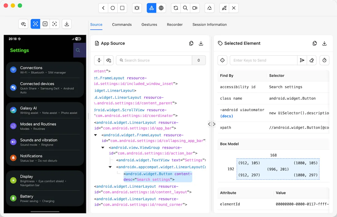 Appium Inspector hiển thị màn hình Android, XML hierarchy và locator của element đang chọn