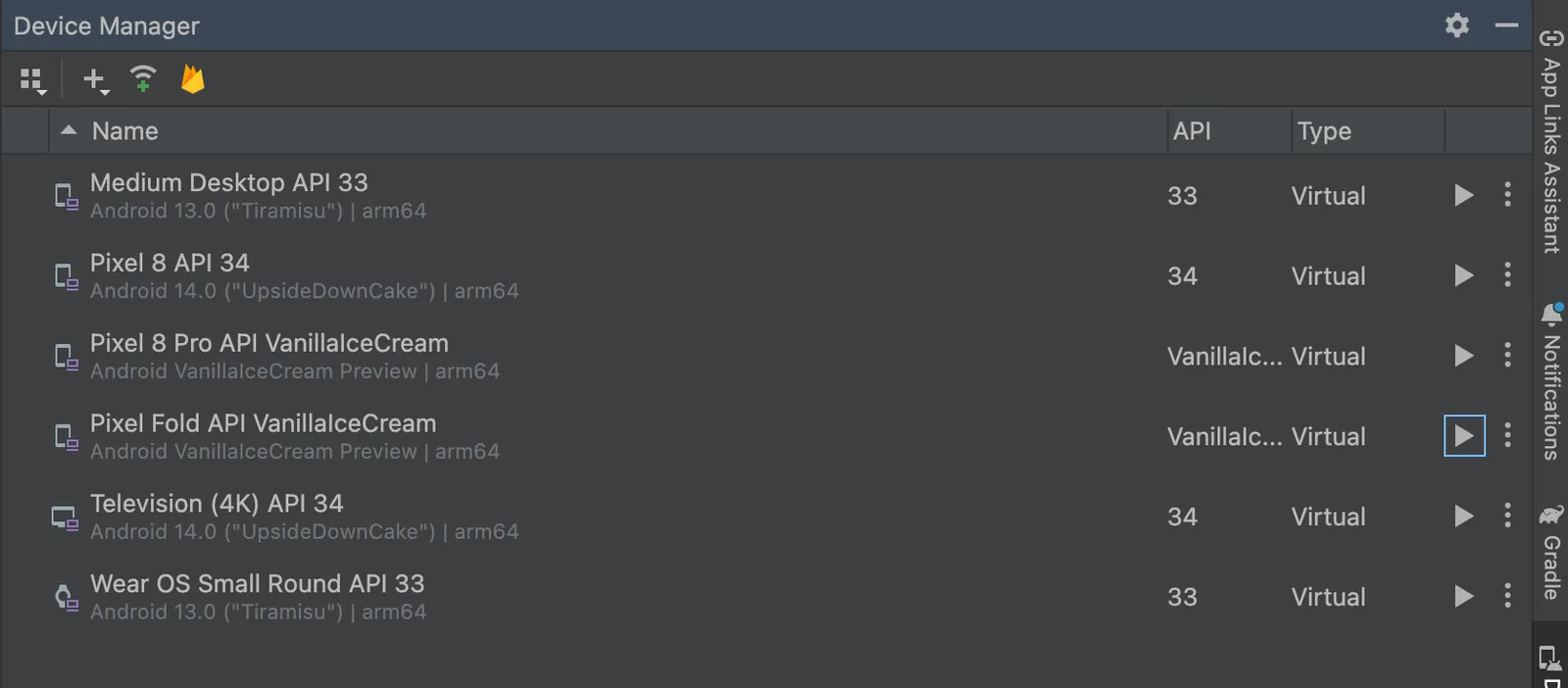 Android Studio Device Manager displays a list of virtual Android devices
