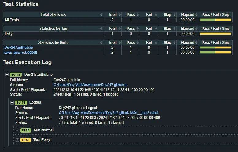 Log khi một test case bị skip