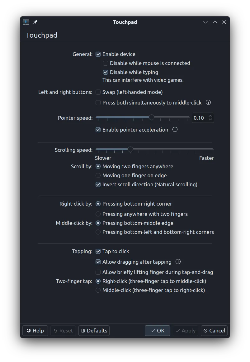 Touchpad settings with natural two-finger scrolling, tap-to-click and palm suppression while typing