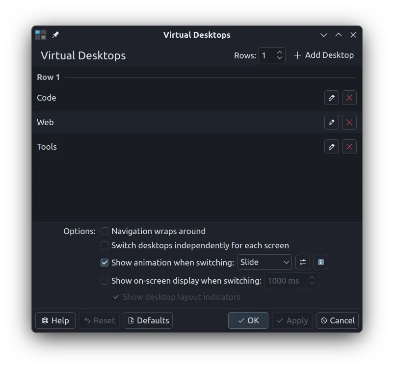Three KDE virtual desktops named Code, Web and Tools